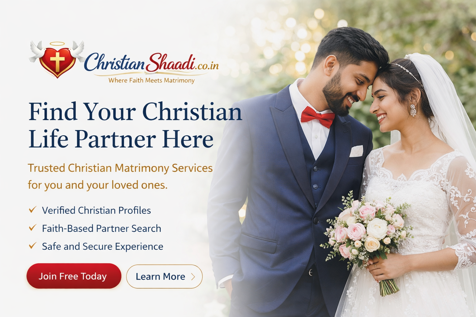 Happy Indian Christian wedding couple – ChristianShaadi.co.in matrimony website hero image